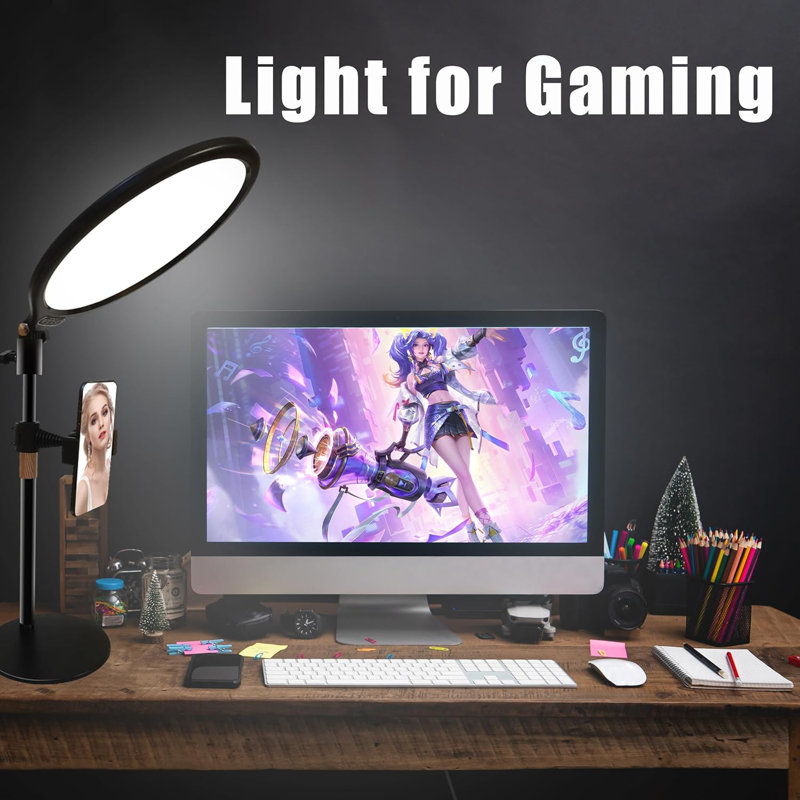 Anneau de 10,2 po avec support pour bureau d'ordinateur, éclairage de zoom plein écran avec luminosité et température de couleur réglables, lumière pour appel vidéo avec support de téléphone
