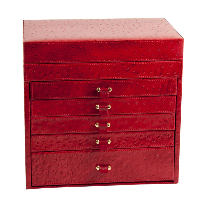 Jewellery Box + Drawers, Red Leather