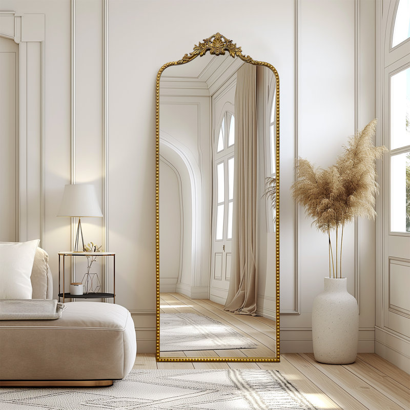 Miroir de plancher arqué antique, 75 po x 30 po, Or rétro