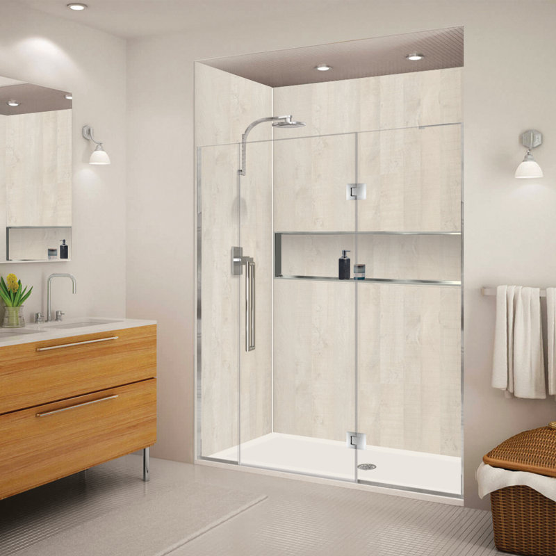Porte de douche à charnière avec verre transparent l 65,5 po x H 76 po Transolide Elizabeth, Chrome poli