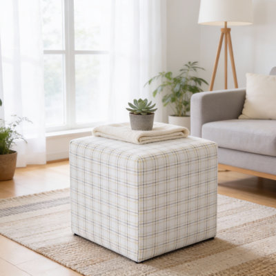  Soft Cube Ottoman - Natural Plaid Woven Fabric