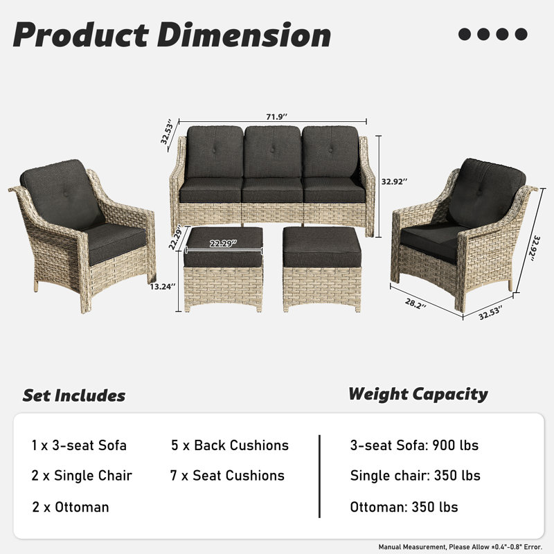 Emanuell 5 - Person Outdoor Conversation Set, Wicker Patio Sofa & Chair Set with Cushions, Black