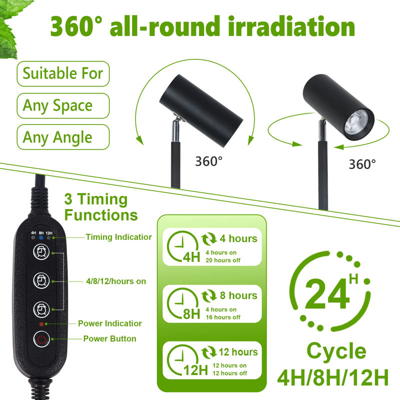 Tall Black Aluminum Full Spectrum Grow Light Stand with Timer