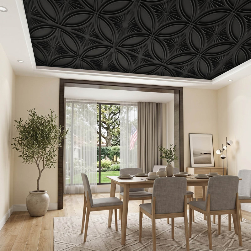 Carreaux de plafond décoratifs en PVC noir - 2 pi x 2 pi, paquet de 12, panneaux de mur et de plafond à coller 3D, 48 pieds carrés Pi. Couverture