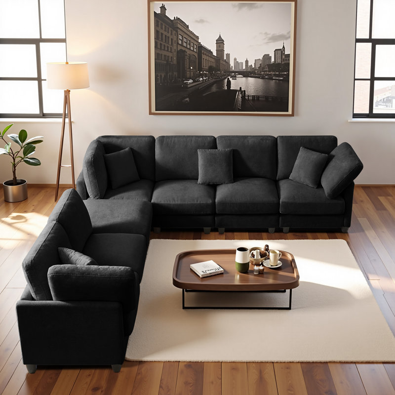 7-seater U-shaped combination upholstered sofa, Dark Gray Velvet