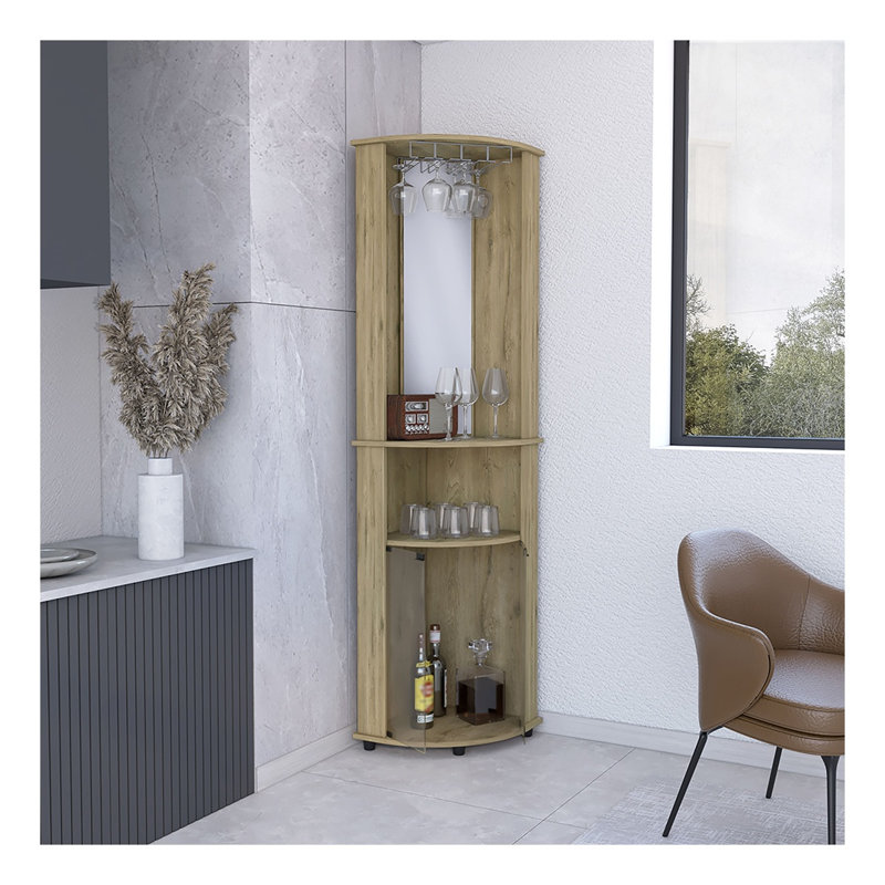 Rialto Corner Bar Cabinet with Three Shelves, Macadamia Finish