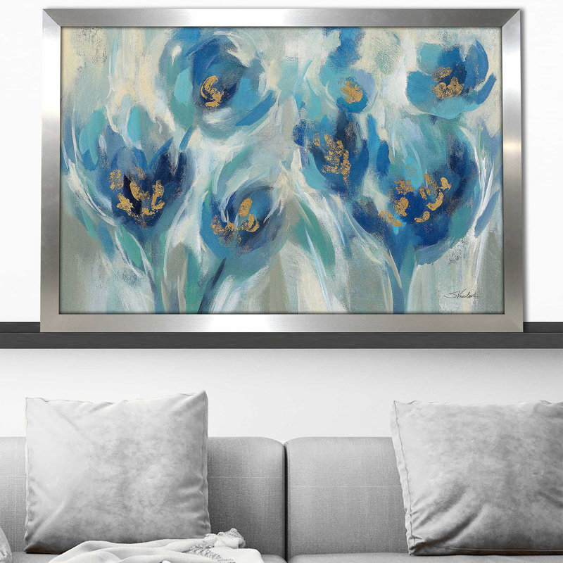 «Blue Fairy Tale Floral III» par Silvia Vassileva - Peinture, Encadrement argenté, H 21,5 po x l 27,5 po x P 0,75 po