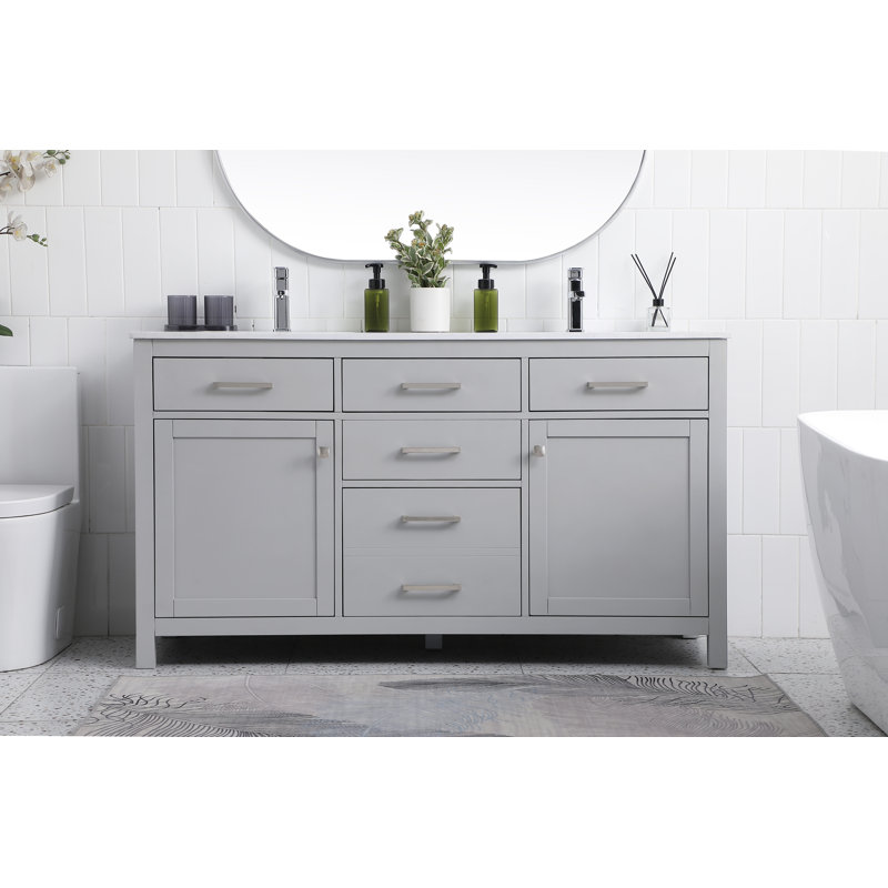 Lewis 60'' Grey Freestanding Double Bathroom Vanity with Engineered Marble Top