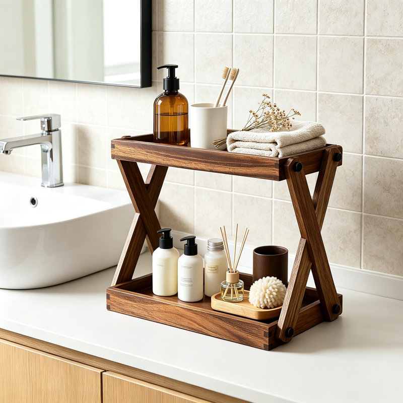 Organisateur de tablette de comptoir en bois, support de rangement en bois à deux niveaux pour accessoires de bar à café, organisateur de support à épices de cuisine, chariot à condiments pour la maison, le bureau et le comptoir de salle de bain