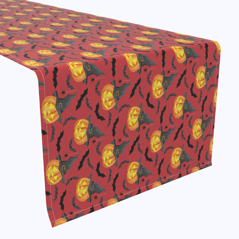 Geometric Halloween Table Runner, 72" x 12", Pumpkin in Hats and Bats