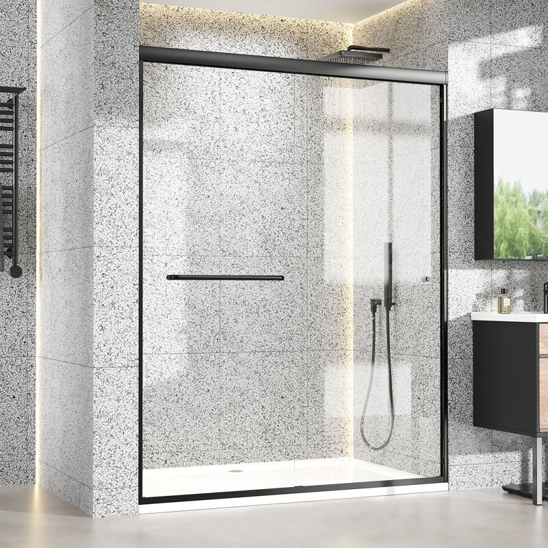 56"-60" W X 72" H Semi-Frameless Double Sliding Shower Door with Tempered Glass and Nano Coating, Matte Black, Matte Black