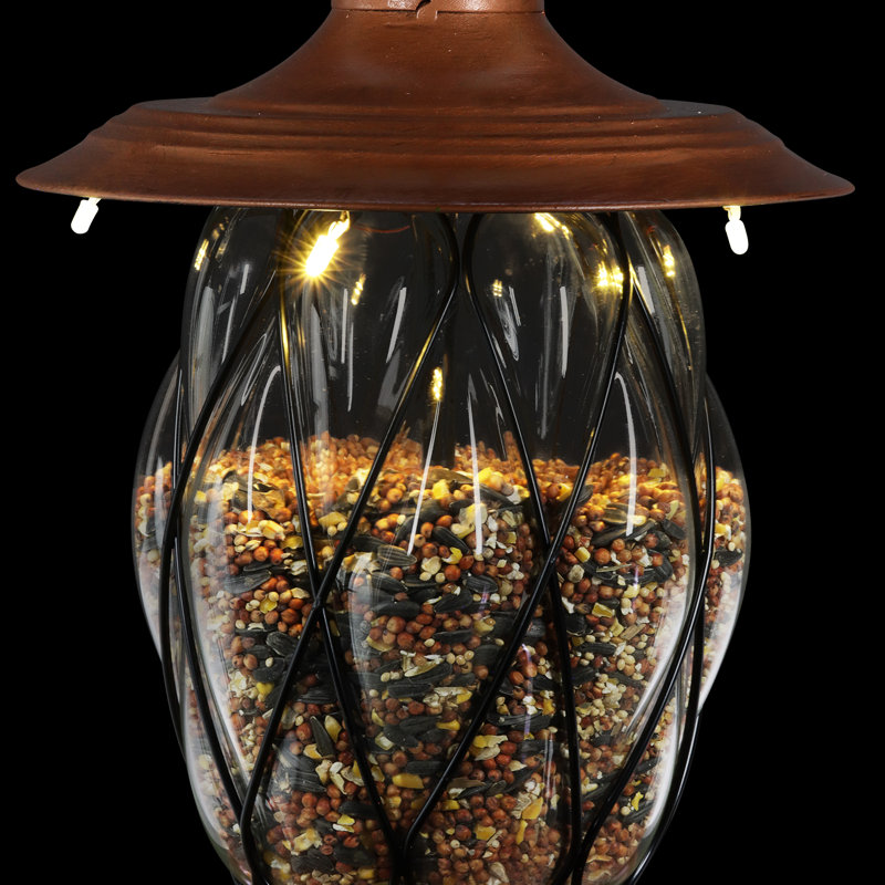 Solar Bronze Metal and Glass Hanging Bird Feeder