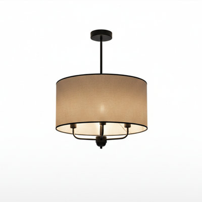 Adjustable Height Bamboo Drum Pendant Light With Black Metal Frame