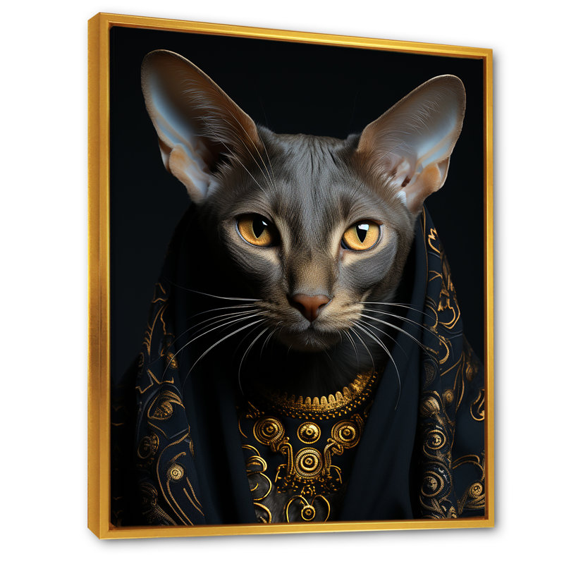 Oriental Opulence, portrait de chat I - impressions sur toile de chat, H 20 po x l 12 po x P 1 po, Cadre flottant doré