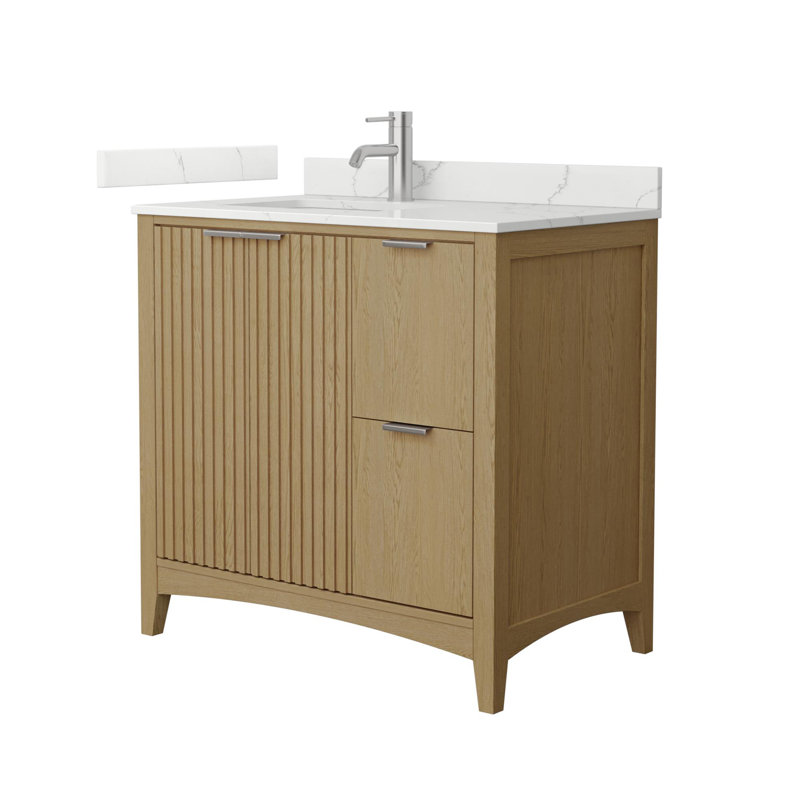 Palmilla 36" Freestanding Single Bathroom Vanity with Quartz Top, Brushed Nickel, Beige, White Quartz