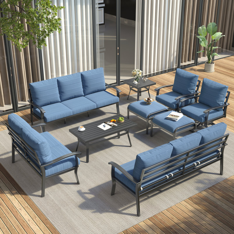9 PCS Outdoor Metal Conversation Set For 10 Person, Blue