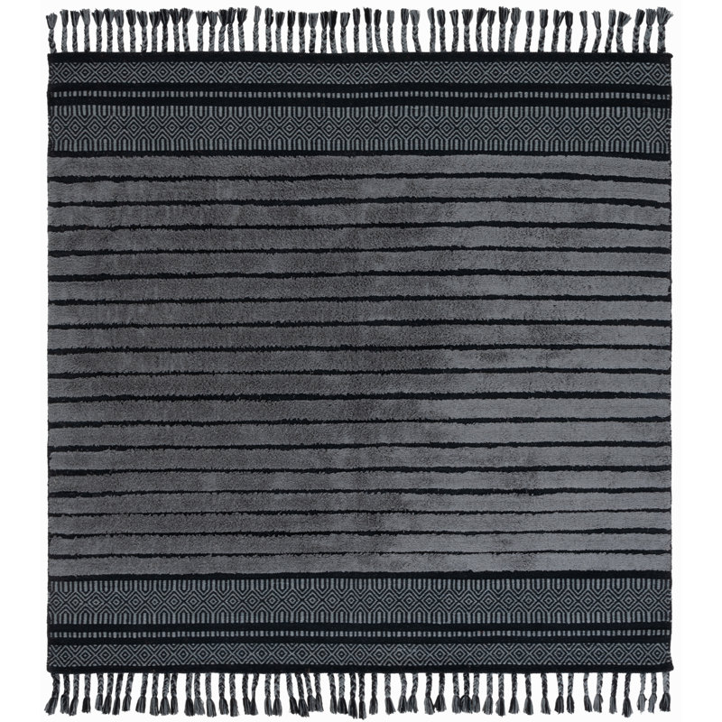 Basildene Hand Woven Cotton Pile Striped Rug, Square 6'