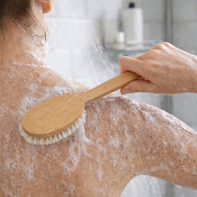 Natural Wooden Body Brush with Long Handle - Bath Back Scrubber