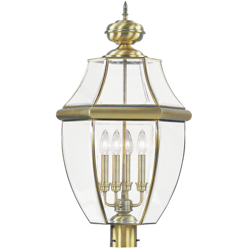 Outdoor Post Lantern Pendant Lighting Fixture - with Clear Glass Shade, Antique Brass