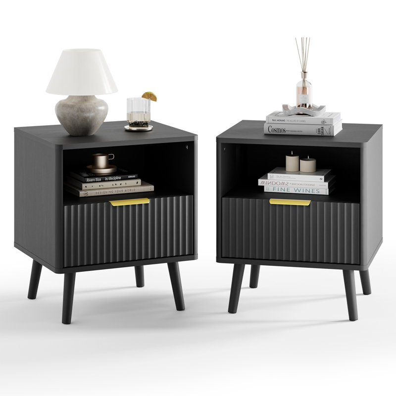 Fluted Nightstands Set Of 2, With Curved Profile Design, End Table W/Storage, Bedside Table For Bedroom, Living Room, Black