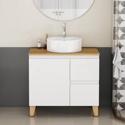 Meuble-lavabo monté avec lavabo, système de fermeture en douceur, lavabo en céramique, bois massif, facile à installer, conception unique sans poignée