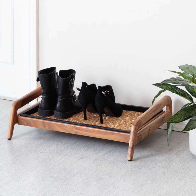 Premium Solid Wood Boot Tray Stand with Natural Coir Mat - Entryway & Mudroom Shoe Organizer, 18.5" W x 26.5" L, Natural