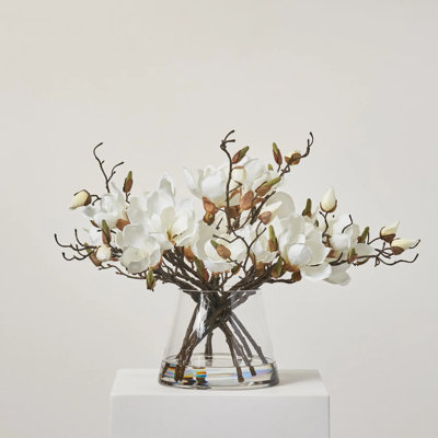 White Magnolia Blooms & Branch Buds in Pyramid Style Vase