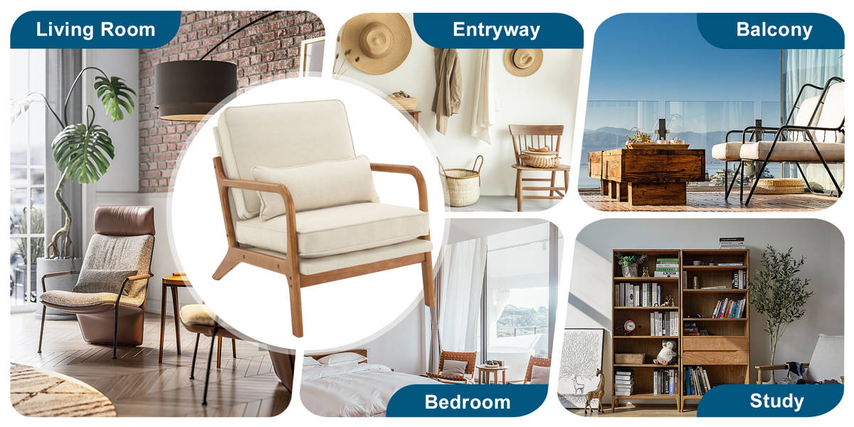 Lemley Mid Century Solid Wood Accent Chair Upholstered Armchair with an Extra Pillow