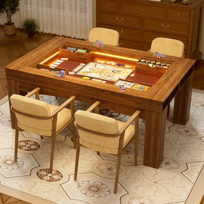 Board Game Table With Removable Top & Led Lighting, Big Dining & Gaming Table For 4-6 Players, Card Table Includes 4 Hobby Trays, Play Mat