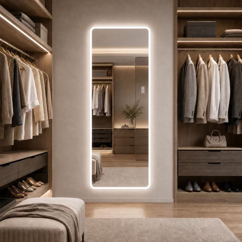 Wall Mounted Full Length LED Mirror with 3 Color Lighting Dimmable Shatterproof 5mm Copper Free Silver Glass Plug In or Hardwired