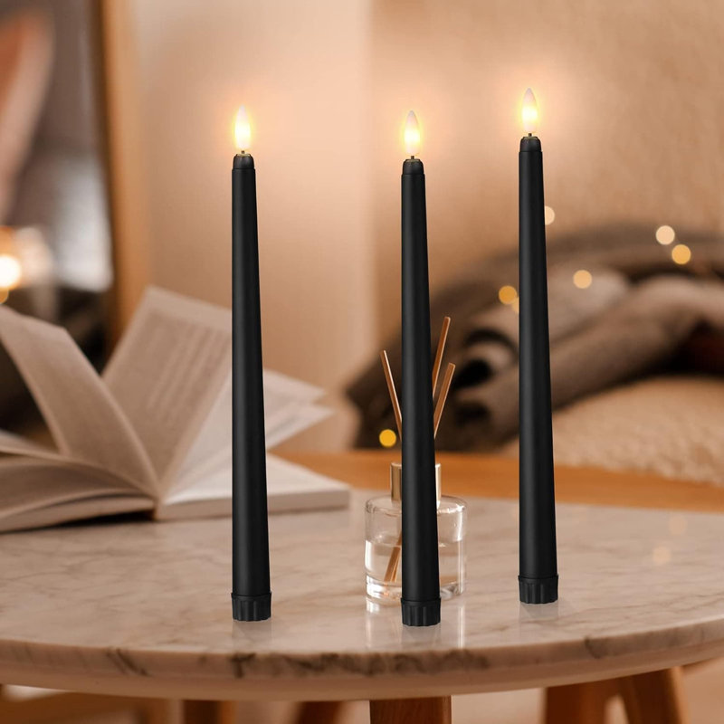 48-Pack Flameless Taper Candles - 11" Black Plastic, Realistic Yellow Flickering, Long-Lasting Battery-Operated, for Halloween/Christmas Window Decor