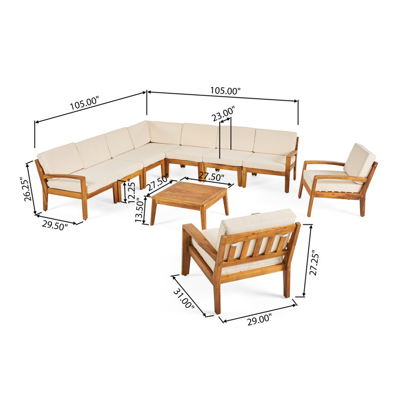 Ensemble de conversation modulaire avec coussins 10 pièces Pazel, Structure teck / coussin beige