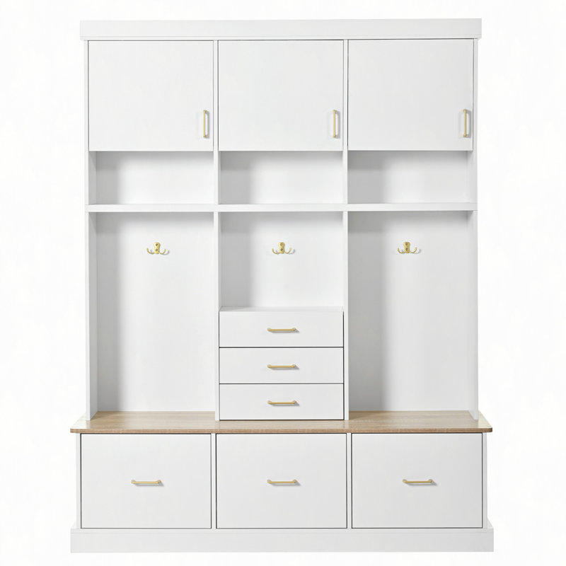 Porte-manteau d'entrée avec banc et rangement, meuble d'entrée moderne avec porte-manteau, tiroirs, placards et rangement supérieur pour couloir, entrée, salon, buanderie