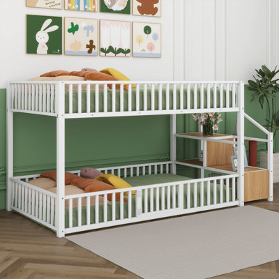 Metal Bunk Bed With Storage Ladder, Modern Bunk Bed Frame With Fully Enclosed Safety Rail