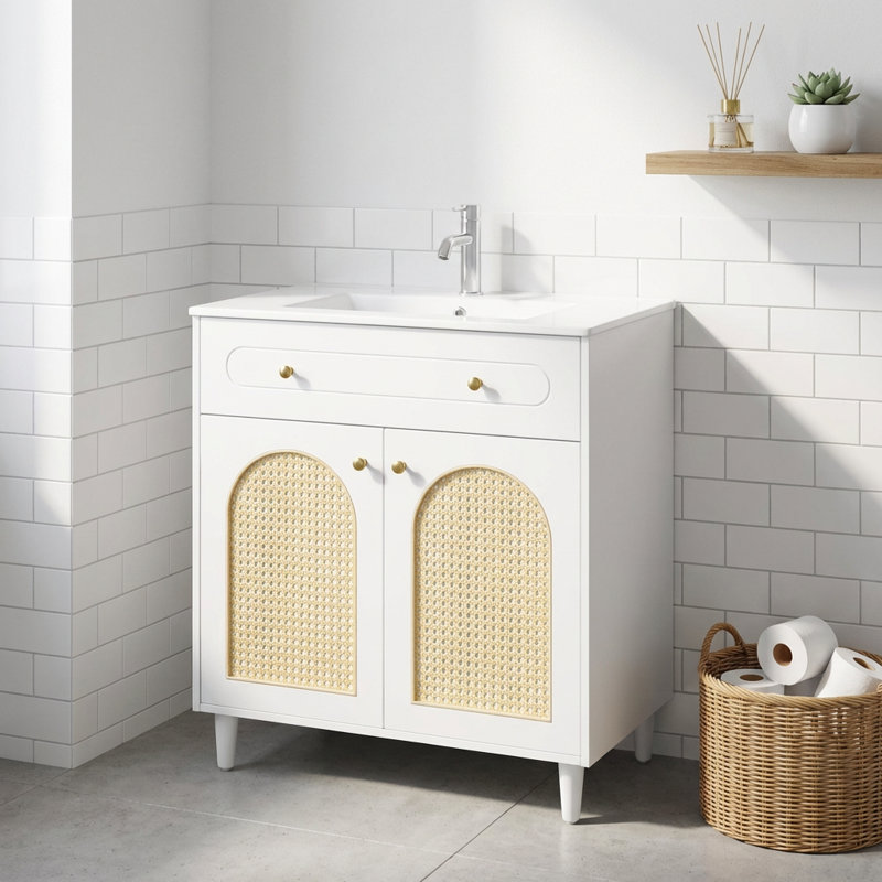 Meuble-lavabo moderne de 30 pouces avec lavabo en céramique intégré et rangement réglable, Blanc / Doré