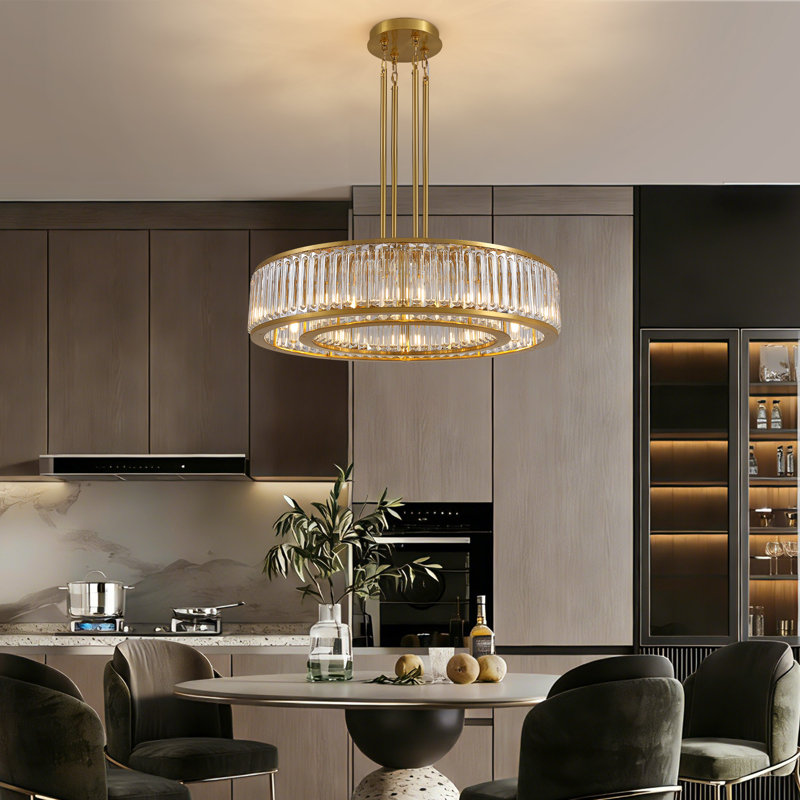 Nashrah 37" 10-Light Modern Dimmable Drum Crystal Chandelier For Dining Room Or Kitchen Island, Brushed Gold