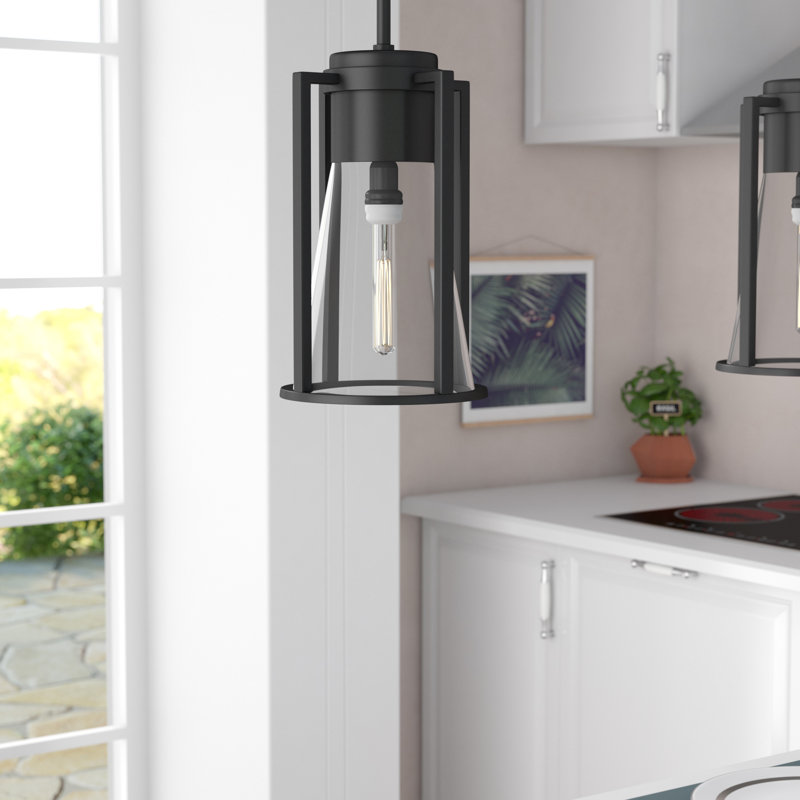 Refinery 1-Light Downrod Pendant w/ Cone-Shaped Glass, Black, Clear