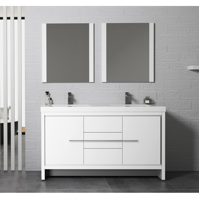 Meuble-lavabo double autoportant 60 po avec lavabo et miroir Artemis, Blanc lustré
