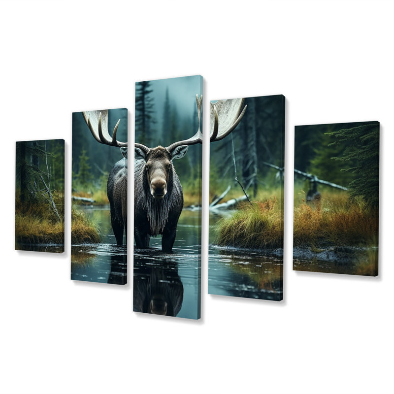 «Green Moose Forest Dusk», art mural salon animaux - 5 panneaux