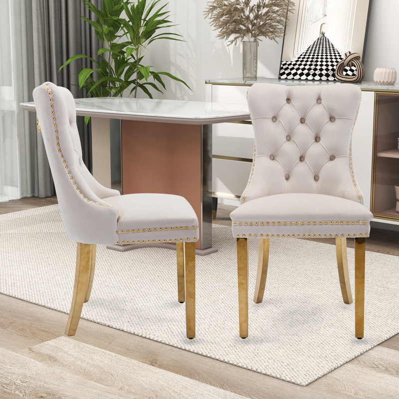 Chaise rembourrée capitonnée, Beige, Or