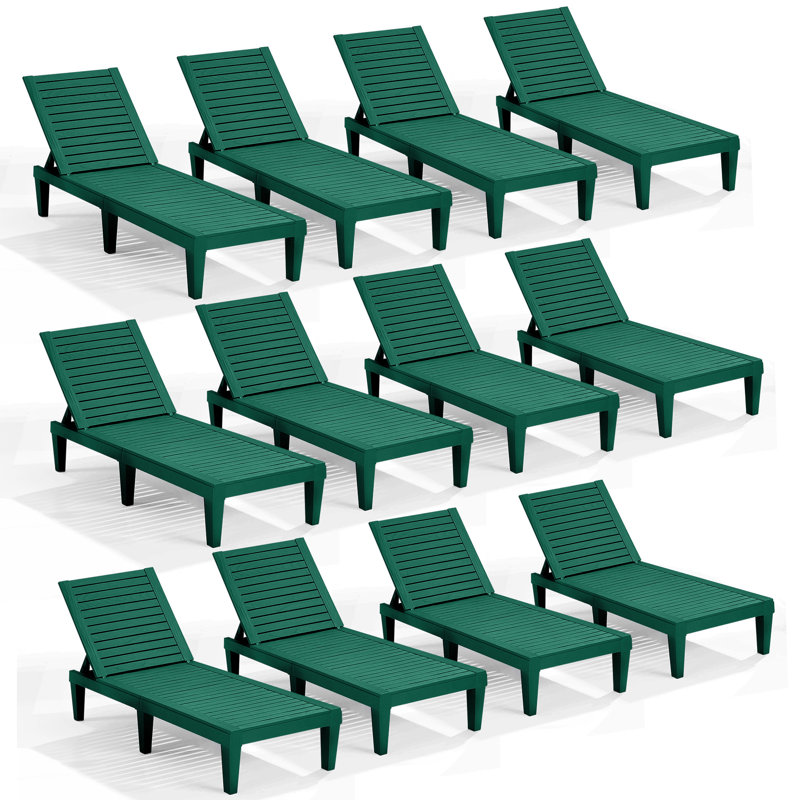 Ensemble de 12 chaises longues en polyrésine d'extérieur imperméables, légères et réglables Nestl, Vert forêt, 12