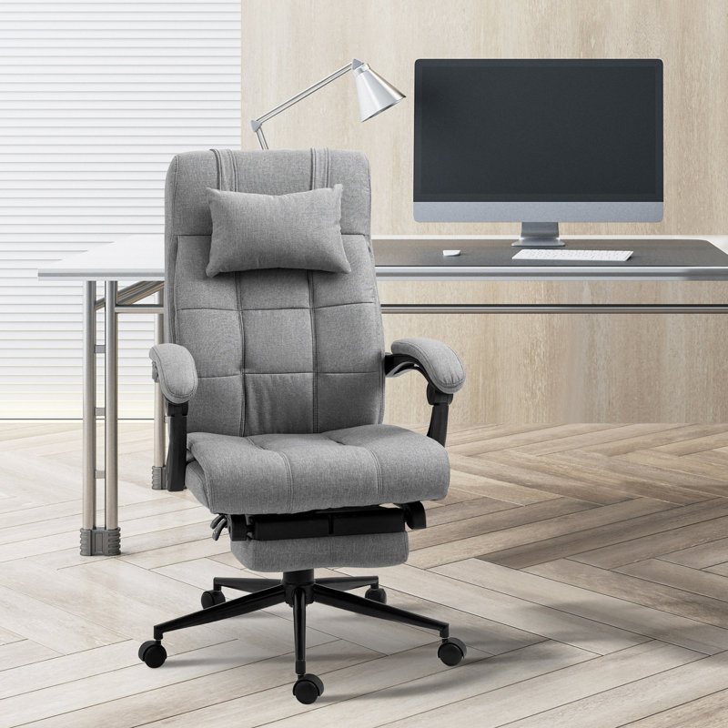 Fauteuil de bureau pivotant en tissu à haut dossier avec repose-pieds rétractable à hauteur réglable, appui-tête et accoudoir rembourré