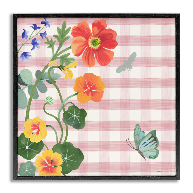 «Garden Poppies on Gingham», estampe numérique encadrée par Levison Design, H 12 po x l 12 po, Estampe numérique Farmhouse