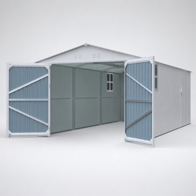 Spacieuse remise de rangement extérieure en métal de 20 x 10 pi avec de grandes portes, fenêtres et évents pour une utilisation polyvalente
