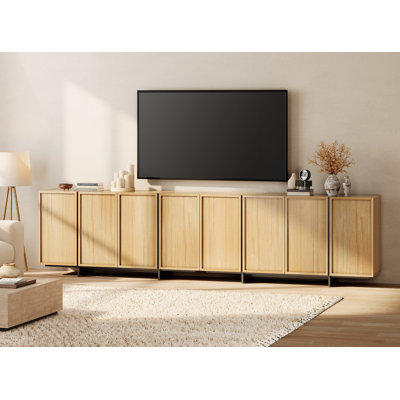 Meuble télé maison pour téléviseur de 110 po ou moins, meuble télé en bois avec rangement fermé à 8 portes et pieds en bois en forme de T, meuble média pour salon, chambre à coucher, chêne