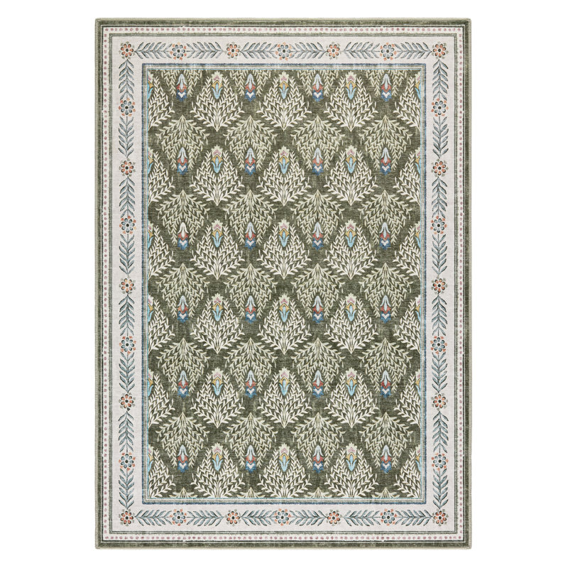 EVERWASH Haven Geo Border Machine Washable Area Rug with AirFlo Technology, Brown, 8'x10', 8 x 10, Olive Green/Brown