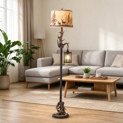 Rustic Antler Floor Lamp with Forest Nightlight, Deer Antler Standing Light with Fabric Drum Shade, Nature-Inspired Lodge Decor for Living Room
