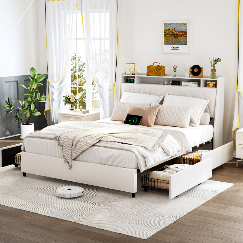 White Queen Bed Frame with Headboard, Metal Platform Bed Queen Size with 2-Tier Bookshelf Storage, and 4 Storage Drawers & Charging Station Type C, Leather Fabric No Box Spring Needed
