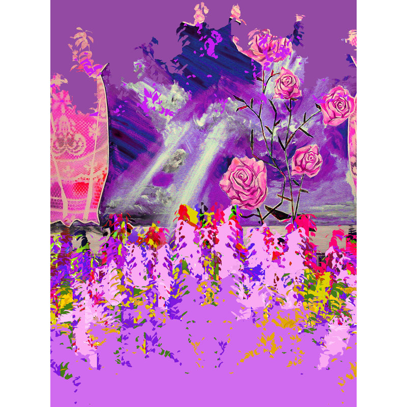 Roses roses dans un champ de lavande par Batya Kuncman - impression, Papier avec cadre noir, H 30 po x l 24 po