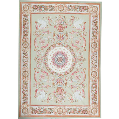 Hand-Knotted High-Quality Green and Ivory Area Rug